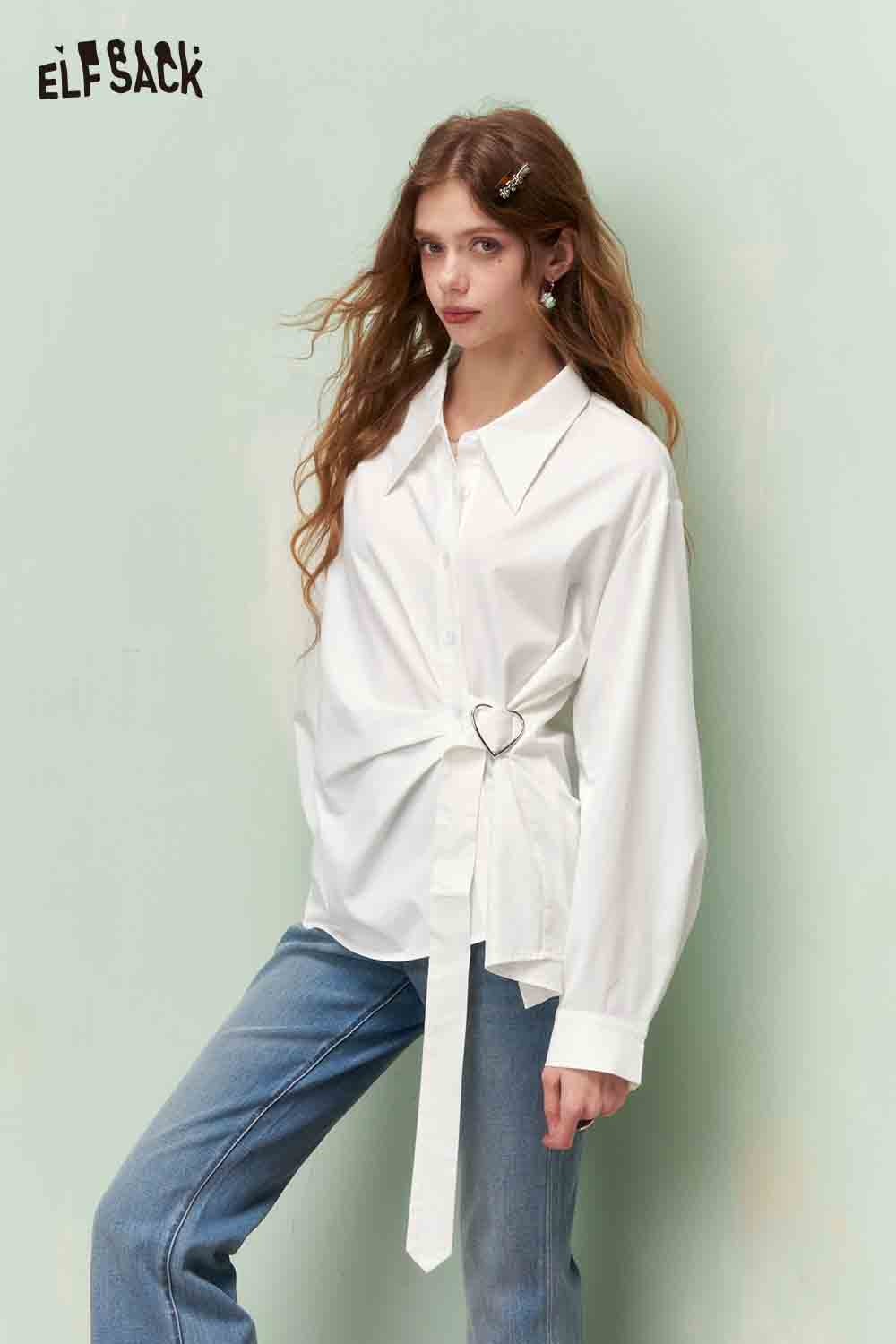 ELFSACK heart button waist shirt for women in white with a stylish tie design and relaxed fit