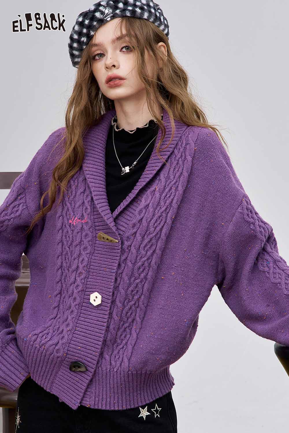 ELFSACK irregular button knit sweater in purple with cable knit detailing and oversized fit