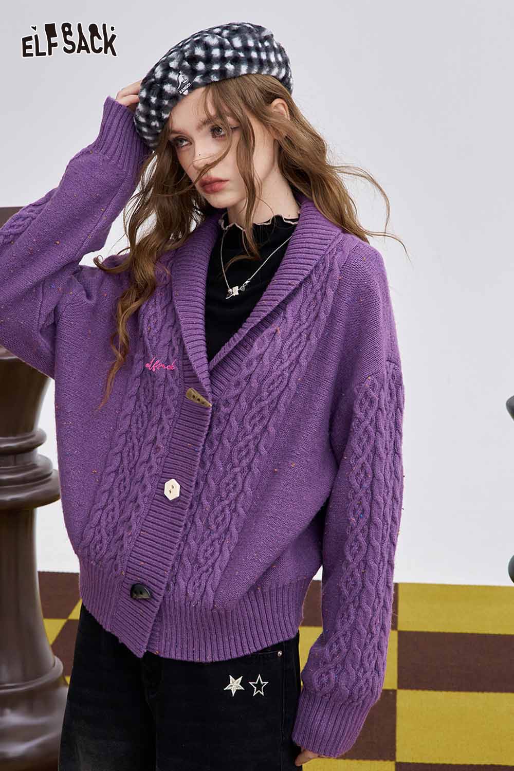 ELFSACK irregular button knit sweater in purple with cable knit design and oversized fit