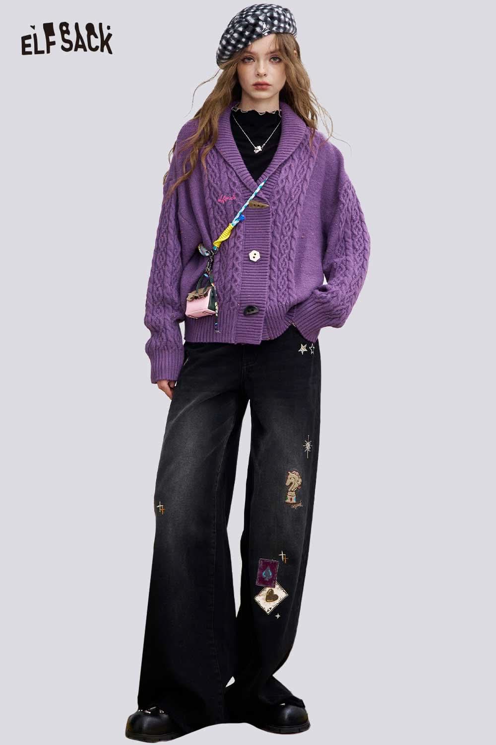 ELFSACK irregular button knit sweater in purple with cable knit design and stylish oversized fit