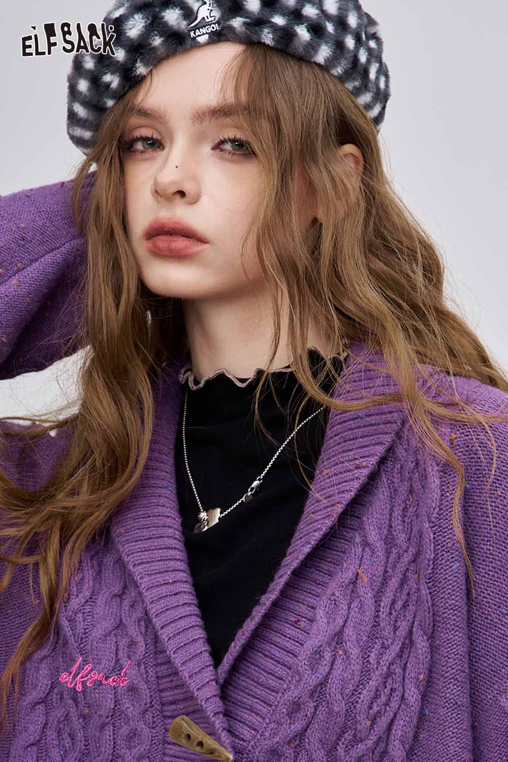 ELFSACK irregular button knit sweater in purple with a textured design and stylish collar