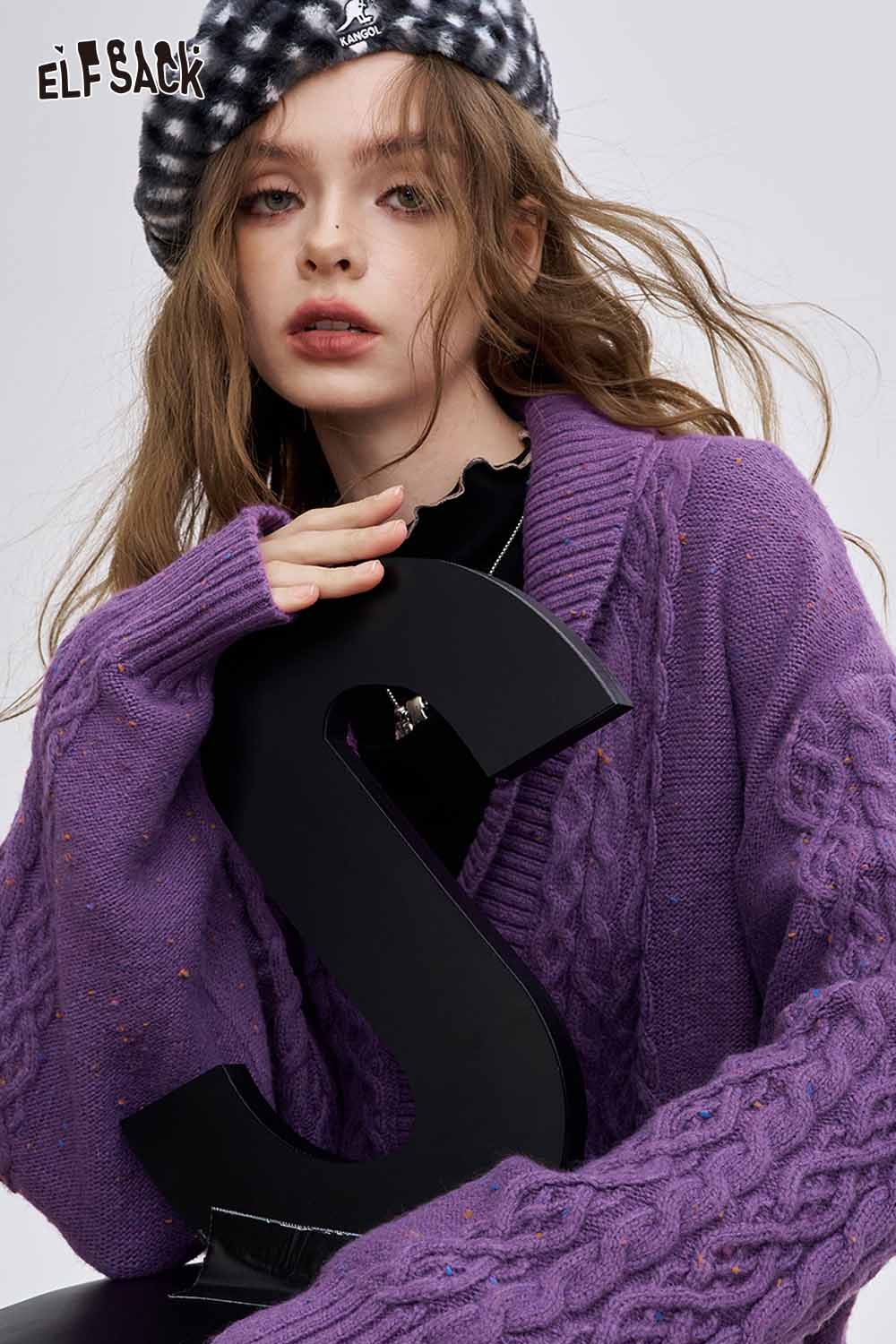 ELFSACK irregular button knit sweater in purple with a relaxed fit and textured design