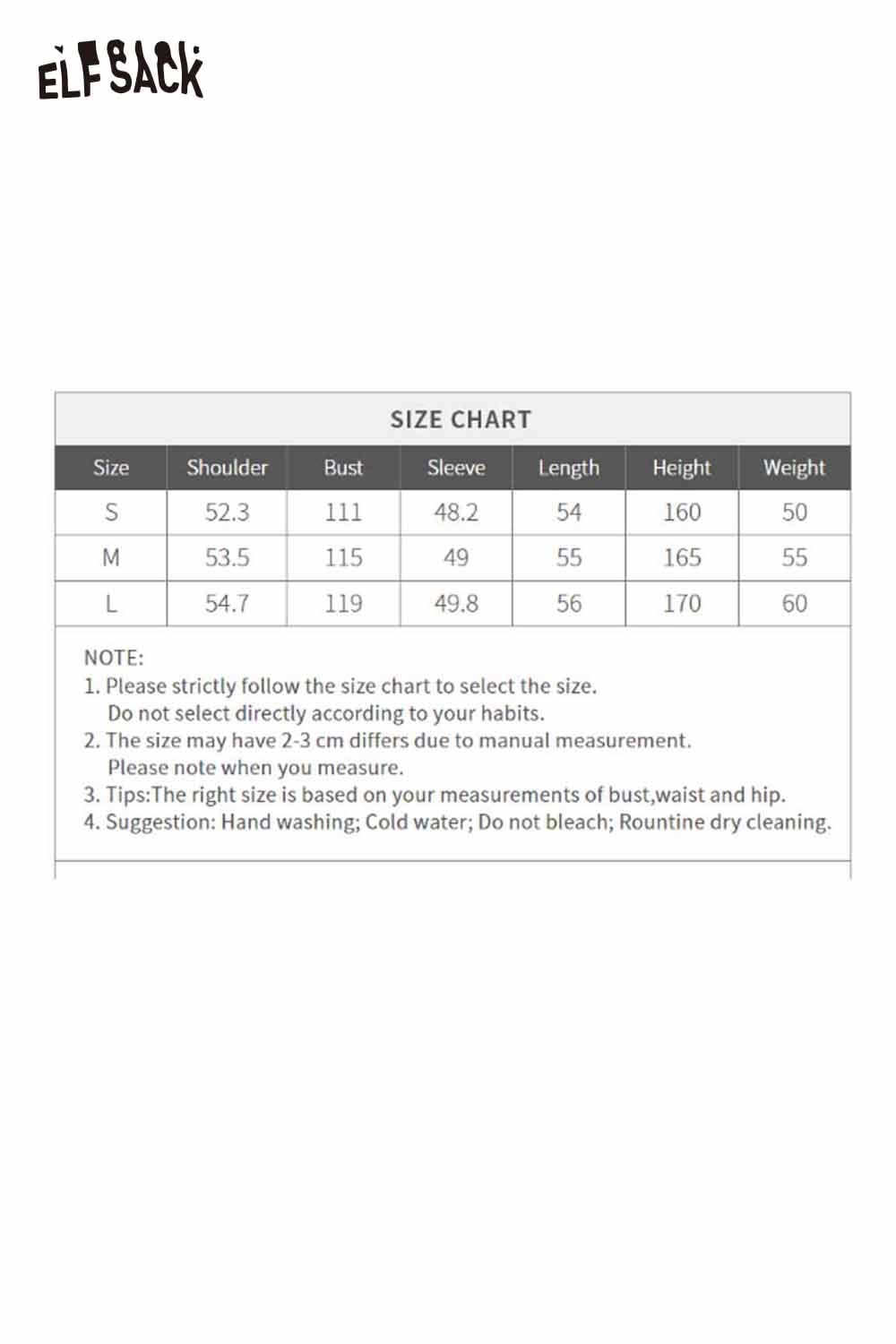 ELFSACK irregular button knit sweater in various sizes with a detailed size chart for proper fit