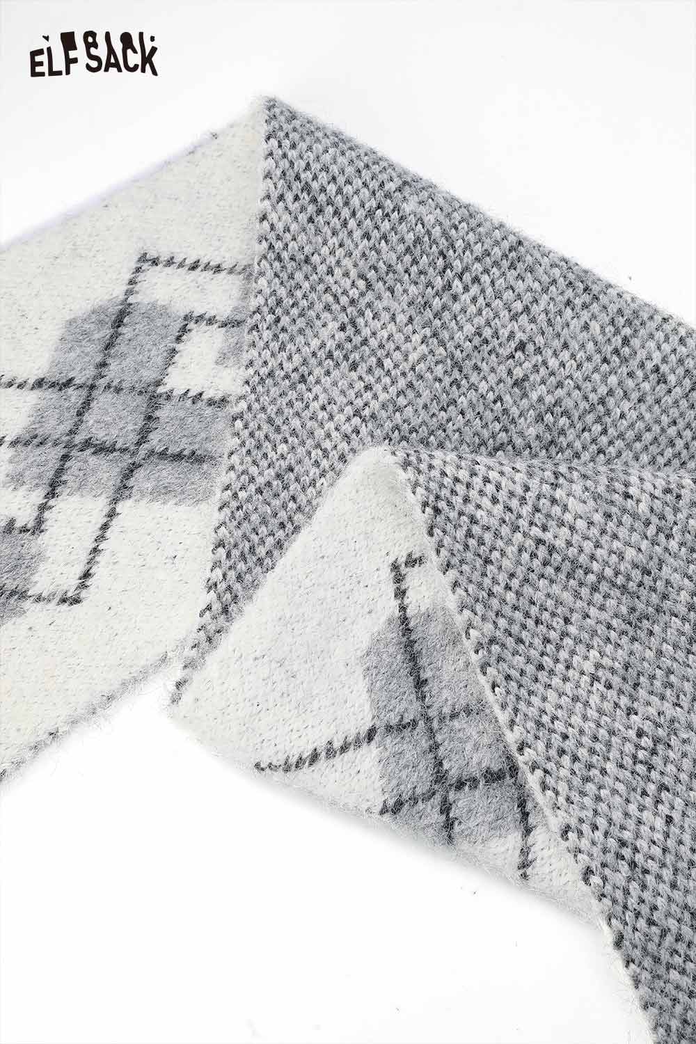 ELFSACK minimalist diamond pattern scarf in grey and white for stylish winter layering