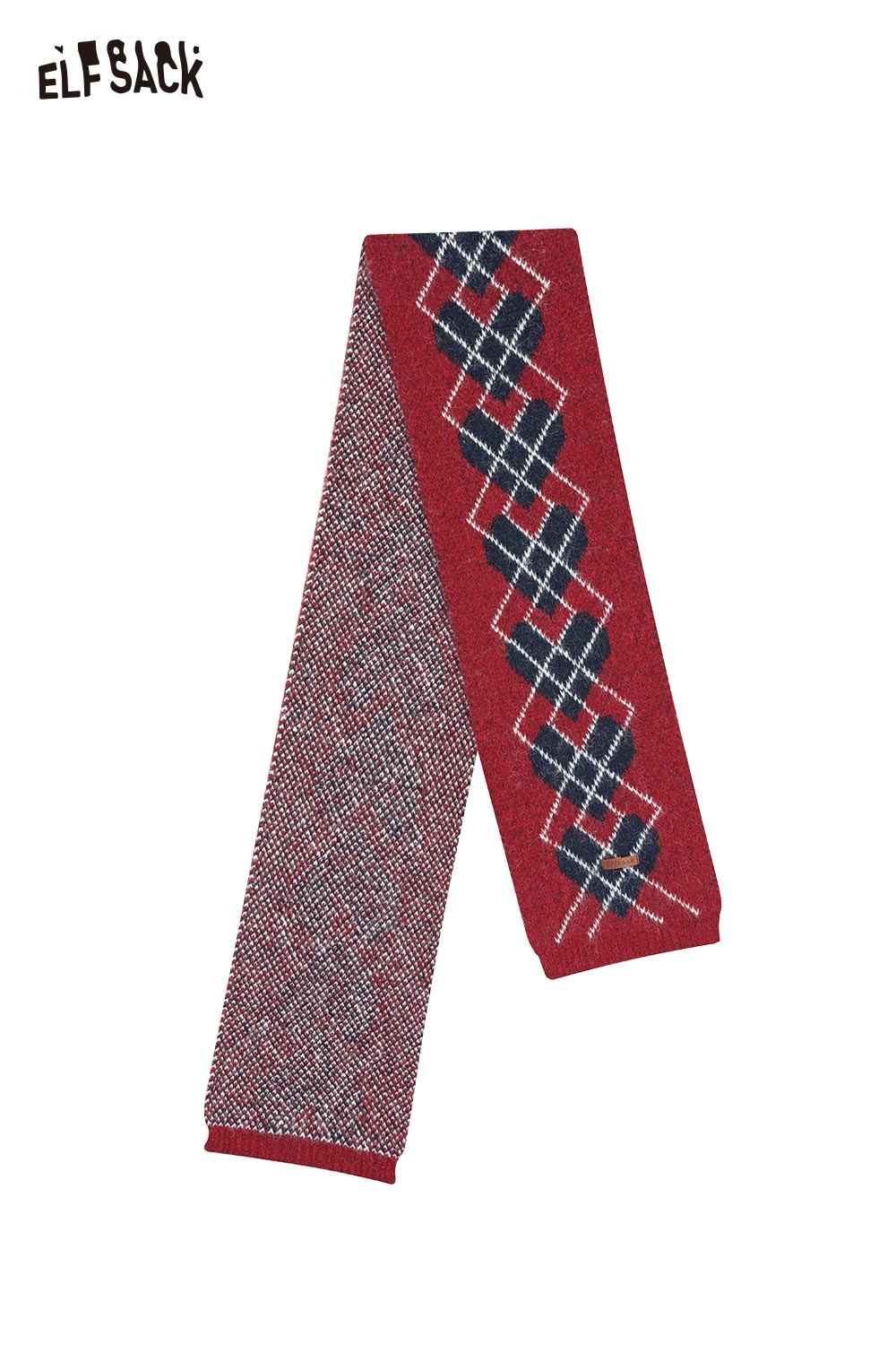ELFSACK minimalist diamond pattern scarf in red with contrasting textures for stylish winter wear