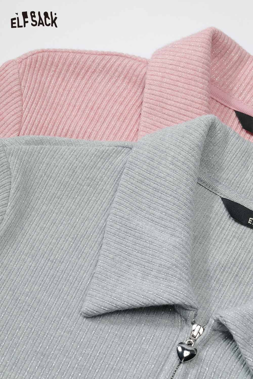 ELFSACK minimalist embroidered cardigan for women in pink and grey ribbed fabric with a stylish collar
