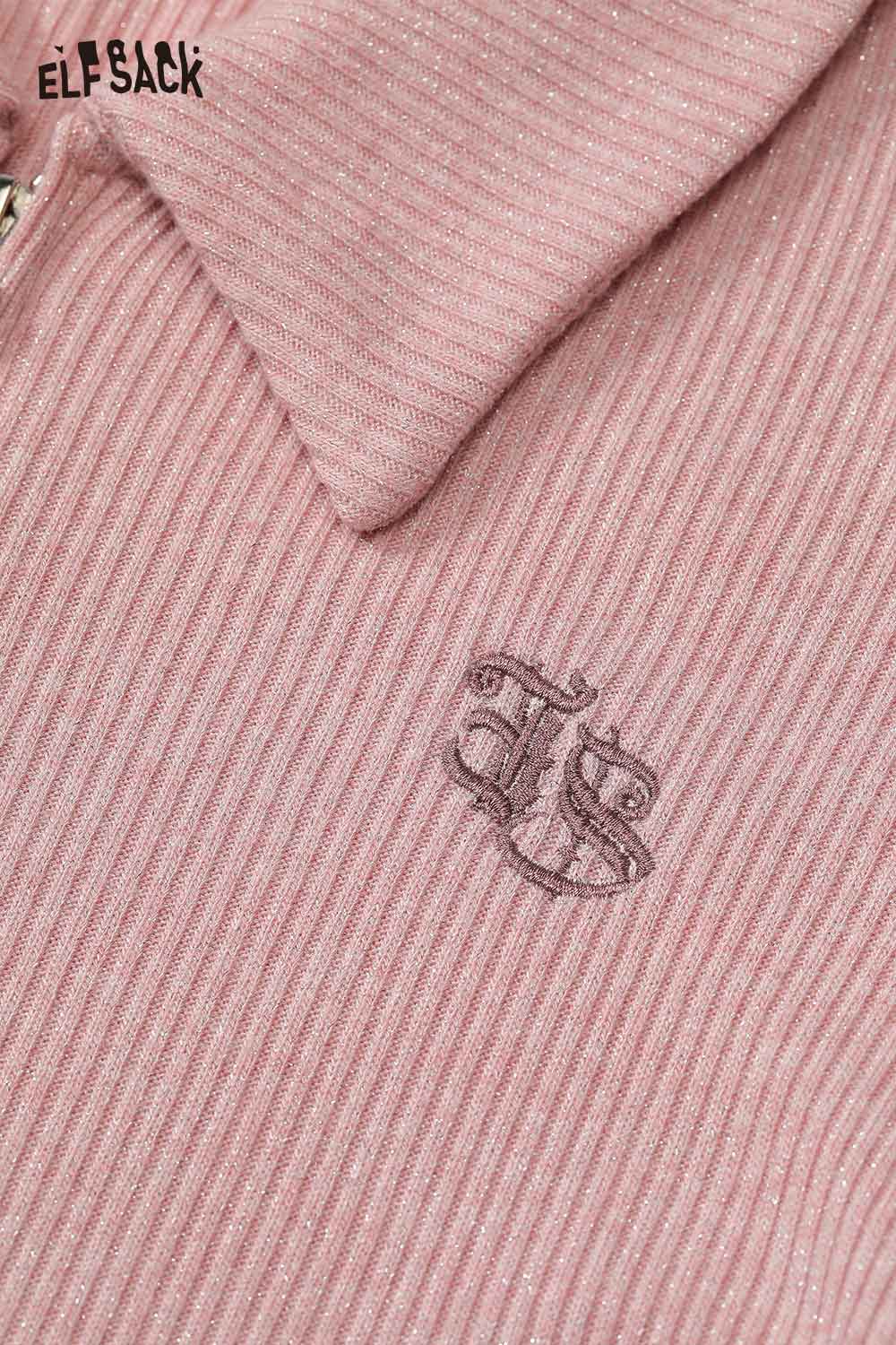ELFSACK minimalist embroidered cardigan for women in soft pink with fine ribbed texture