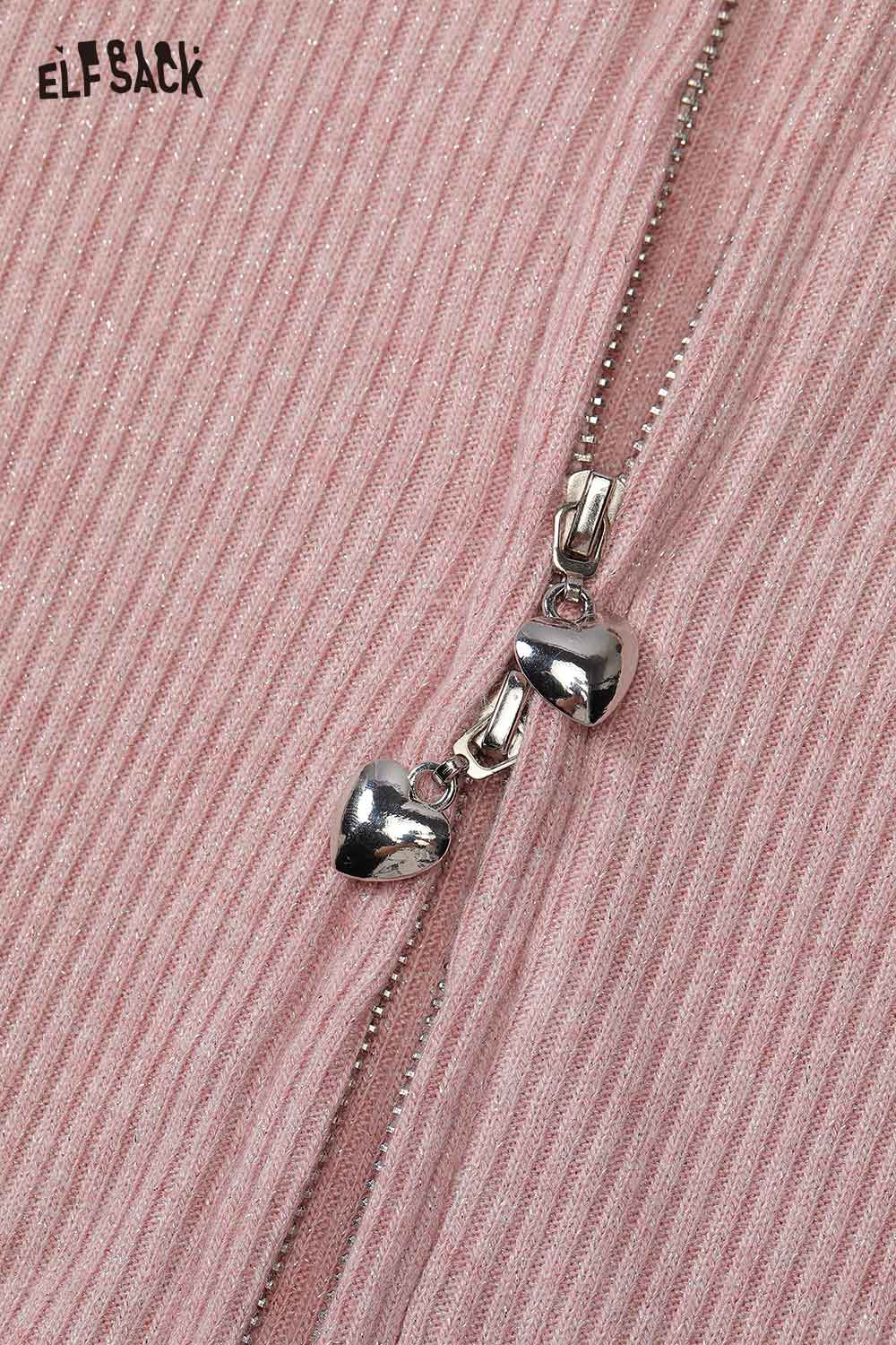 Pink minimalist embroidered cardigan for women with heart-shaped zipper pulls by ELFSACK