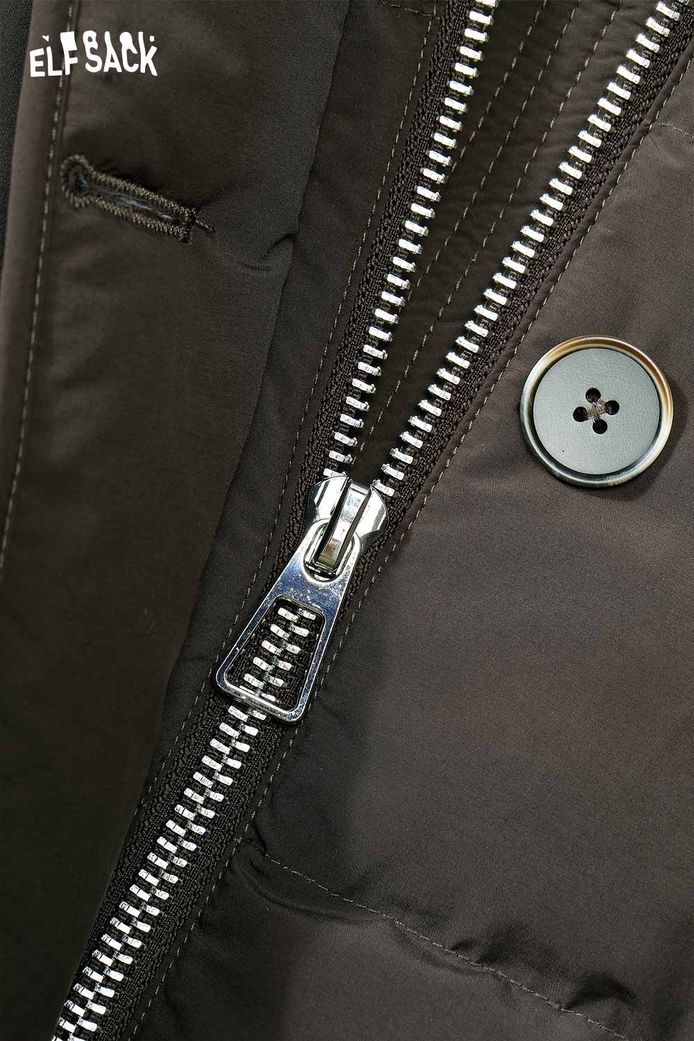 Close-up of ELFSACK minimalist long down coat for women featuring a zippered closure and button details
