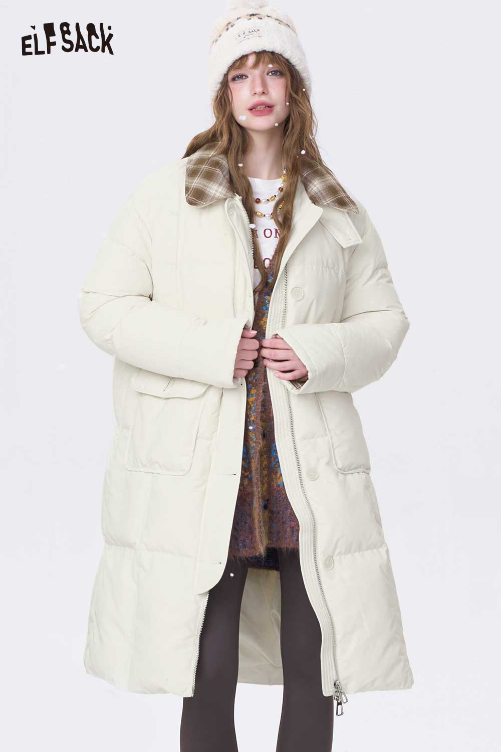 ELFSACK minimalist long down coat for women in cream color with a cozy fit and stylish design