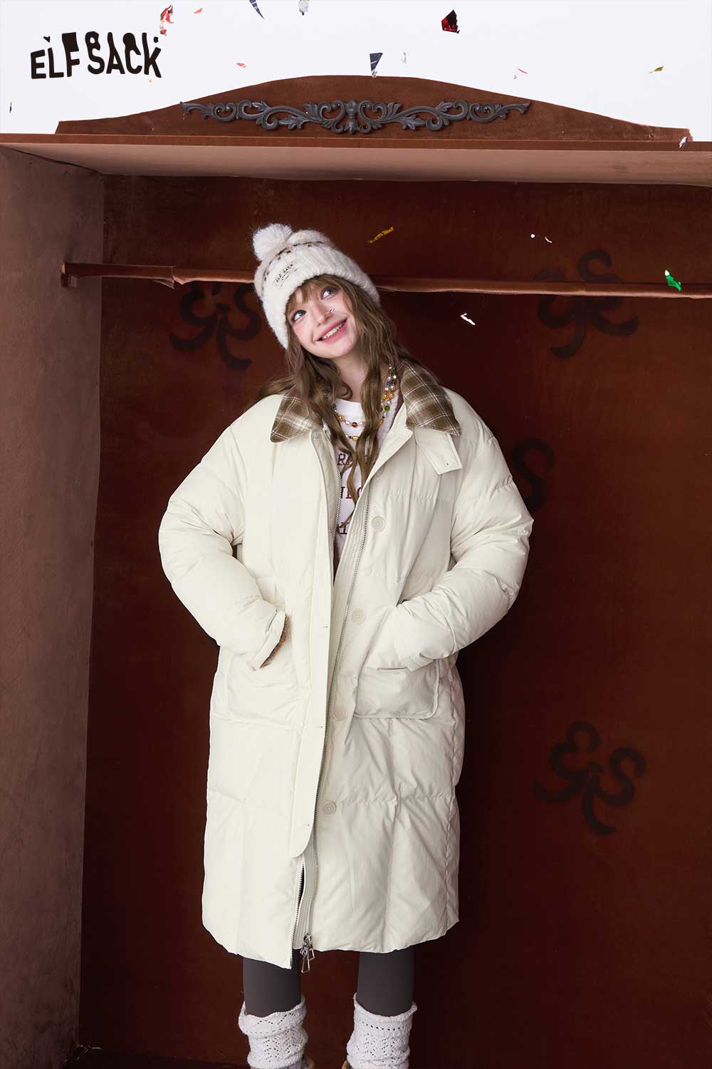 ELFSACK minimalist long down coat for women in cream color with cozy oversized fit