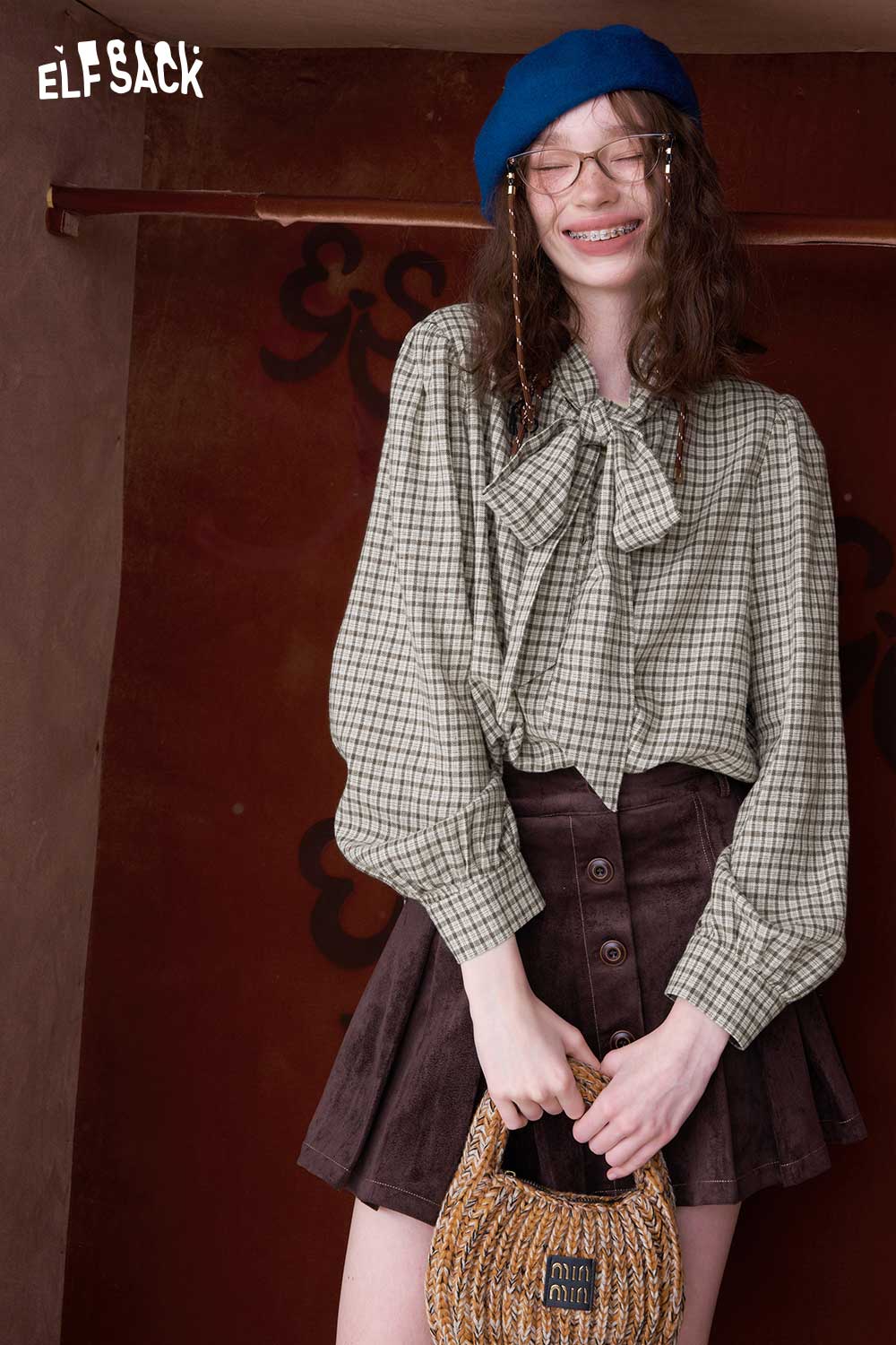 ELFSACK preppy bow tie blouse for women in green checkered pattern paired with a skirt