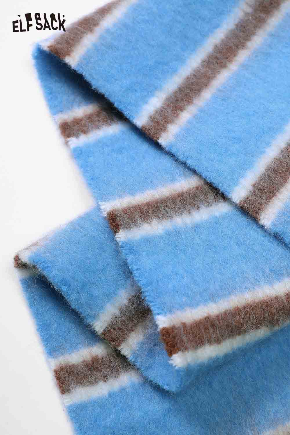 ELFSACK preppy striped fringe scarf in blue with brown and white stripes for stylish warmth