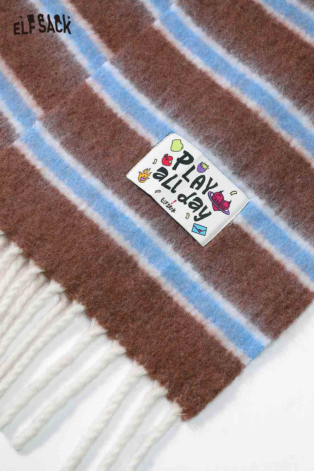 ELFSACK preppy striped fringe scarf featuring playful graphics and soft fabric for stylish warmth