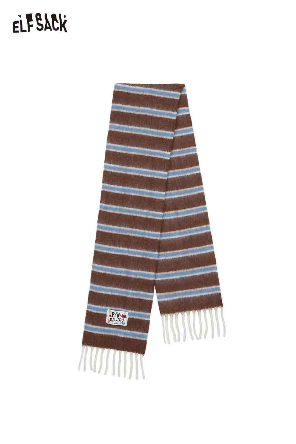 ELFSACK preppy striped fringe scarf in brown with blue stripes and white tassels for a stylish look