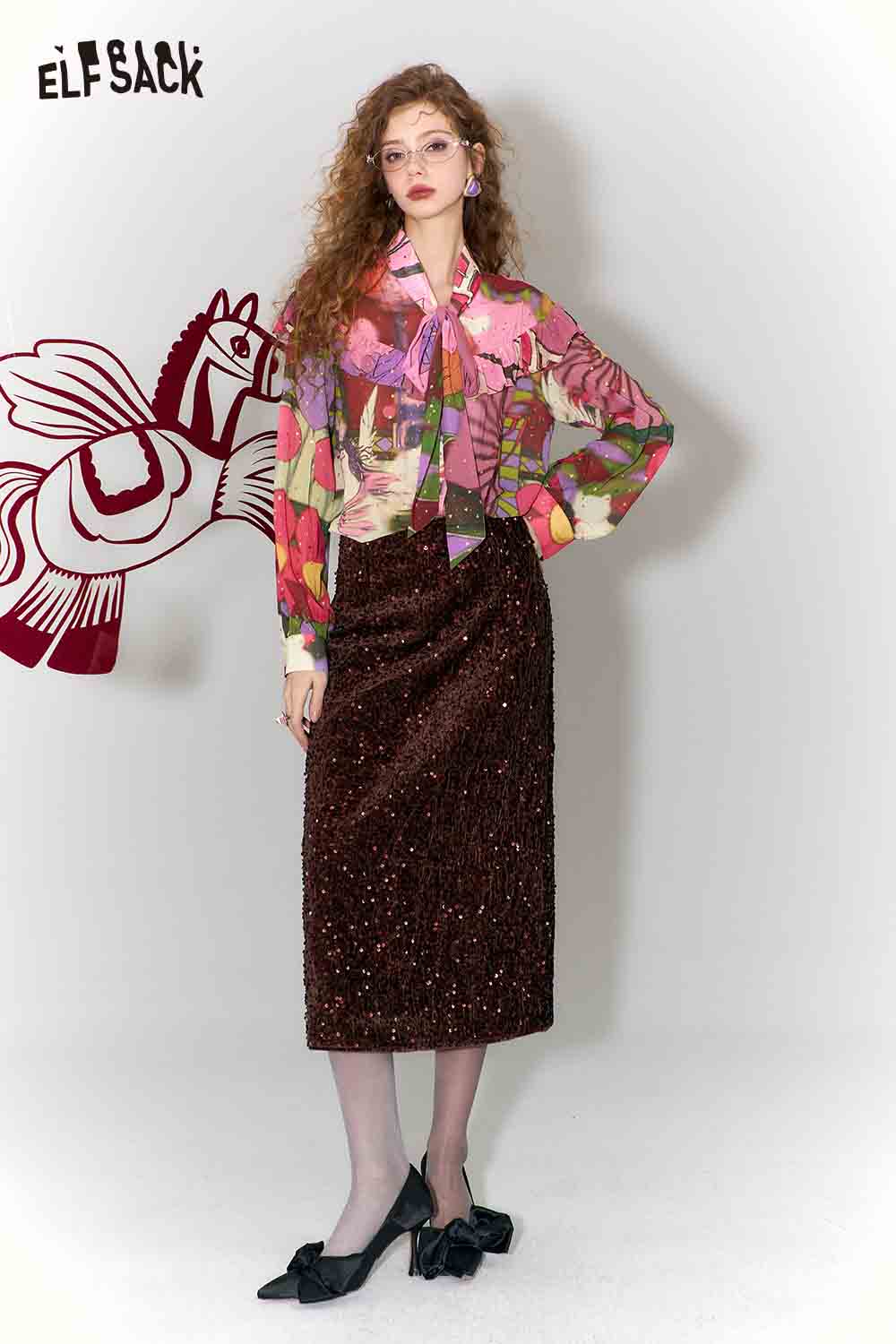 ELFSACK Ruffle Tie Chiffon Blouse with Colorful Floral Print and Elegant Styling