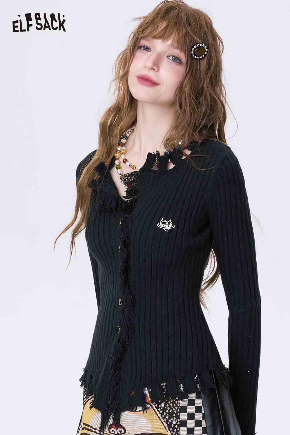 ELFSACK slim fit heart logo knit sweater in black with frayed edges and button closure
