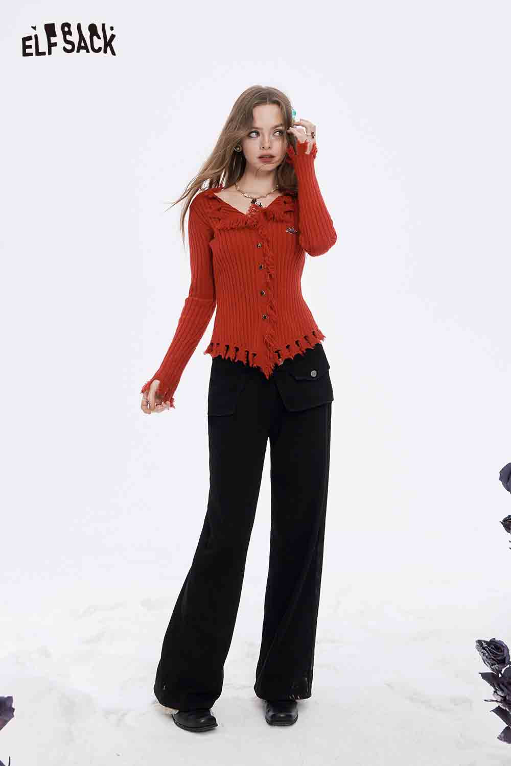 ELFSACK slim fit heart logo knit sweater in orange with button details and a stylish design