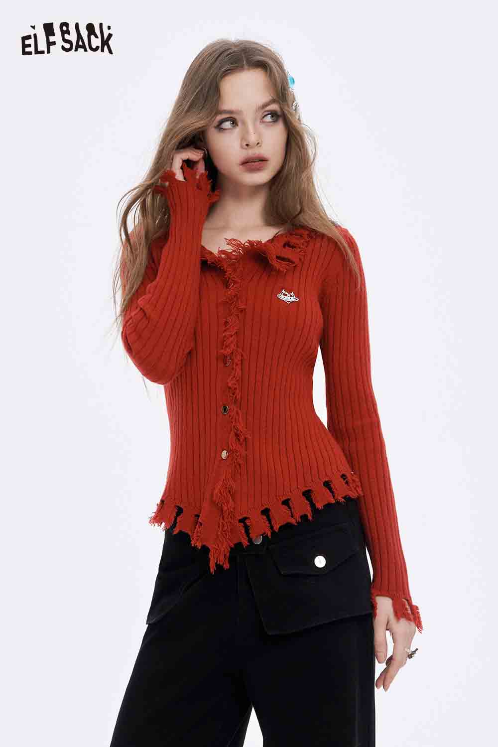 ELFSACK slim fit heart logo knit sweater in red with distressed details and button closure