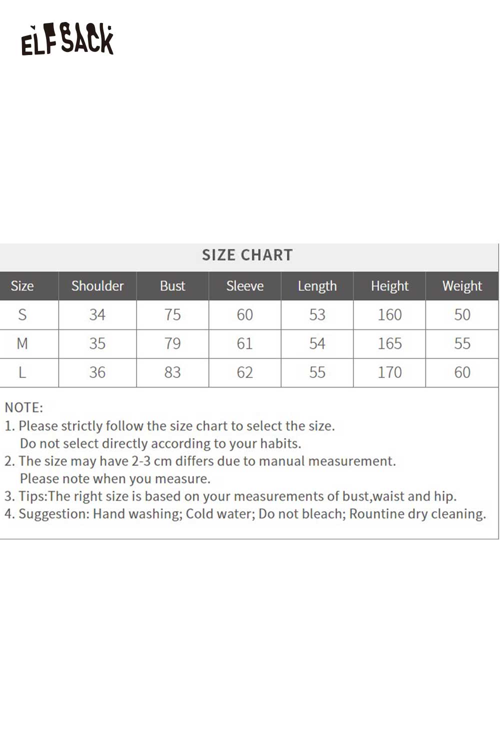 ELFSACK soft contrast sleeve knitwear size chart detailing measurements for S, M, and L.