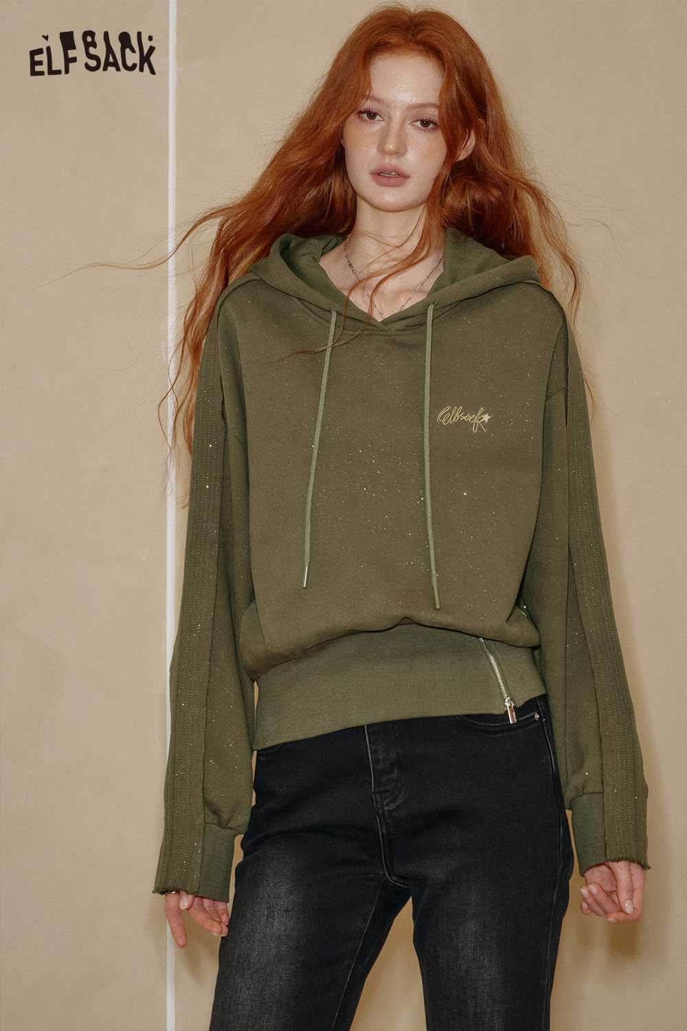 ELFSACK soft cropped hoodie for women in olive green with a relaxed fit and drawstring hood
