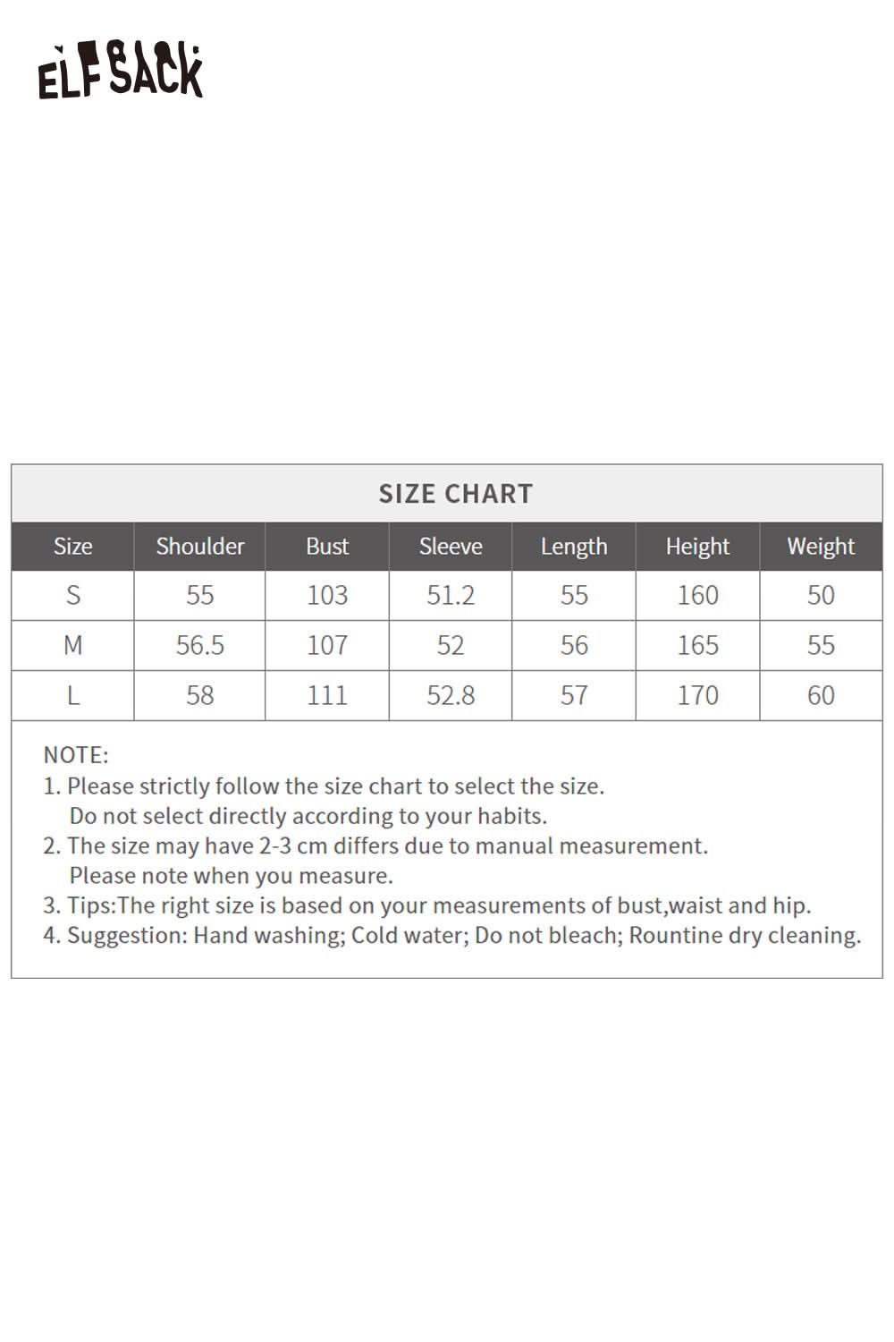 Size chart for ELFSACK soft cropped hoodie for women detailing measurements for S, M, and L sizes.