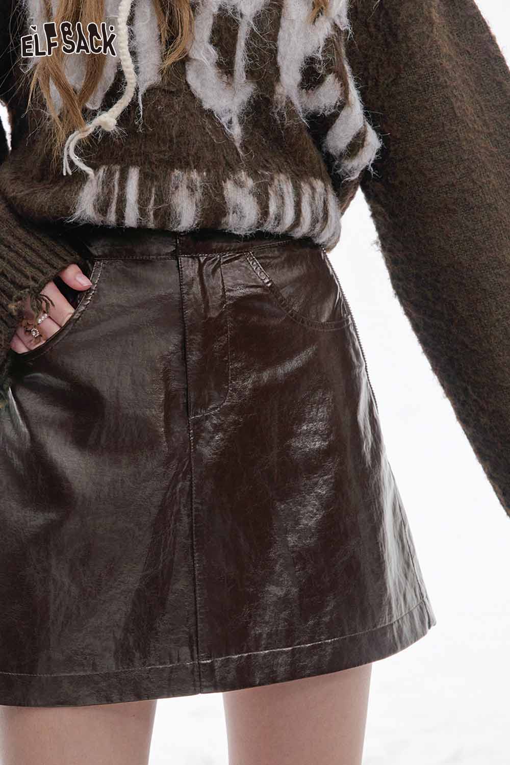 ELFSACK soft shiny leather skirt with a flattering A-line silhouette and textured finish