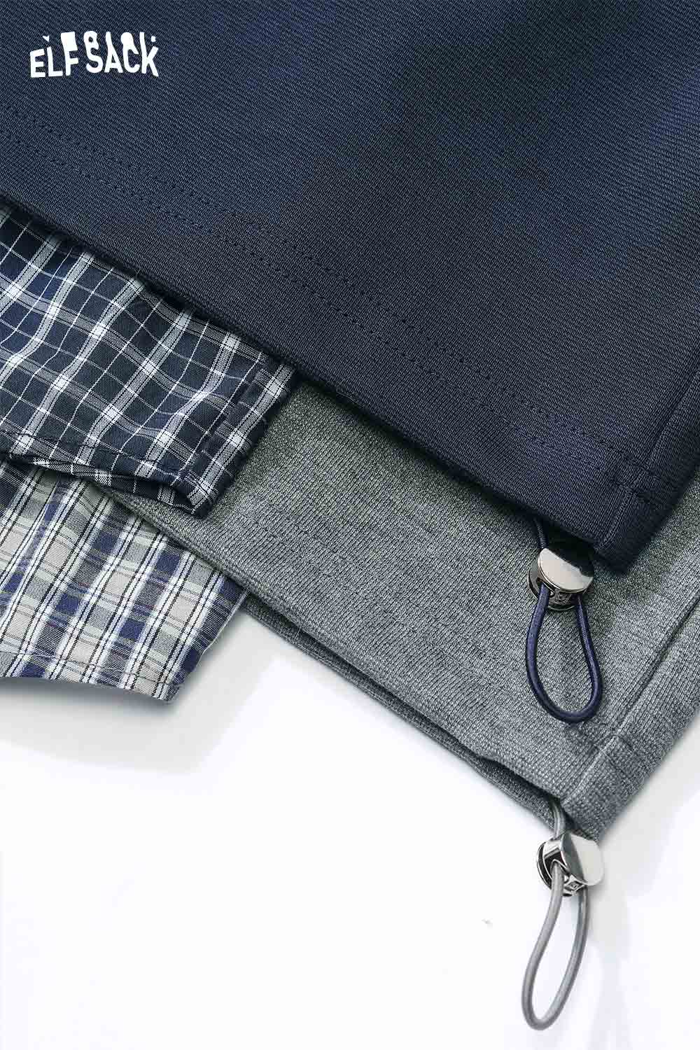 ELFSACK women's plaid panel two-piece set featuring layered fabric in gray, blue, and navy colors