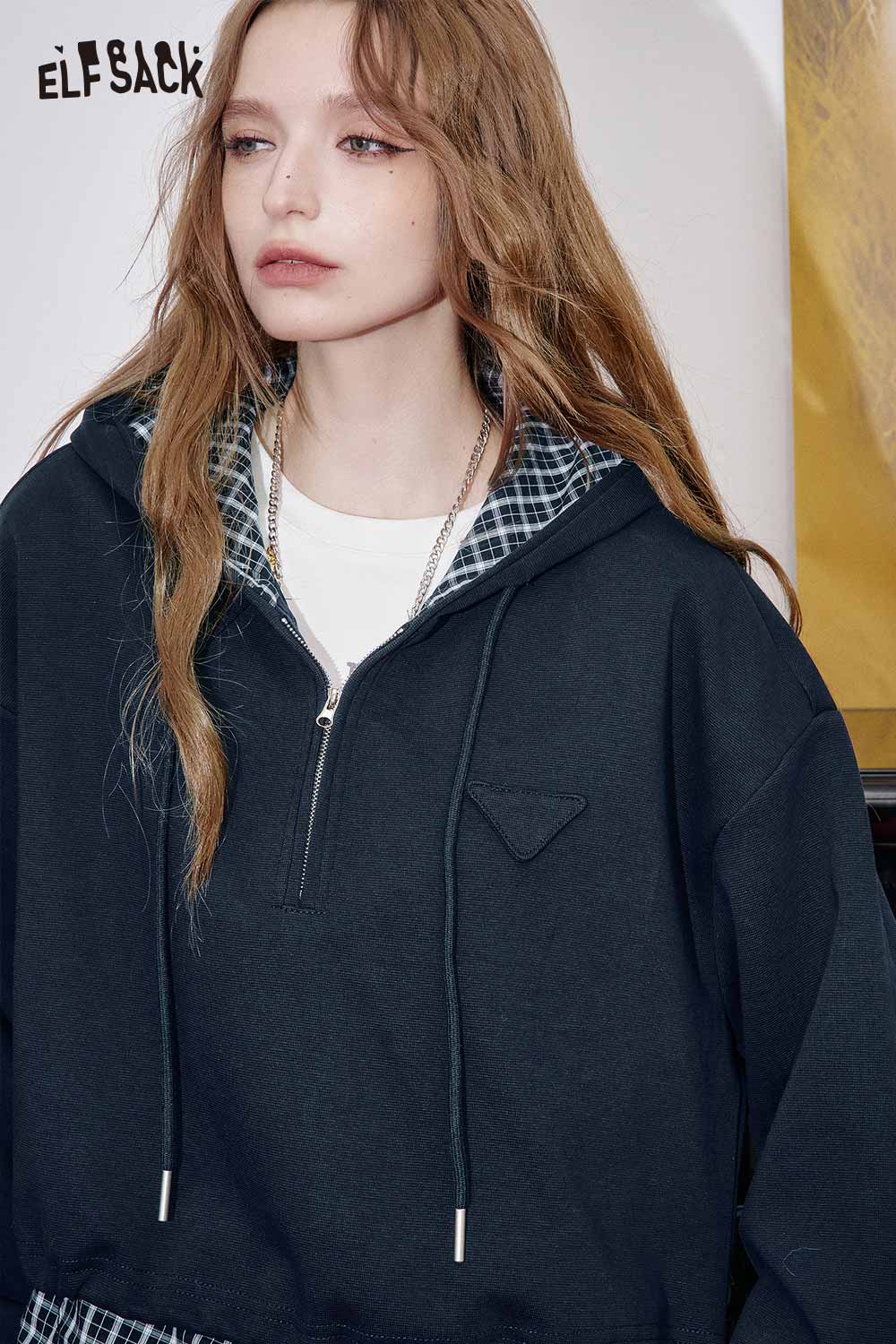 ELFSACK women's plaid panel two-piece set featuring a stylish hoodie with a layered look