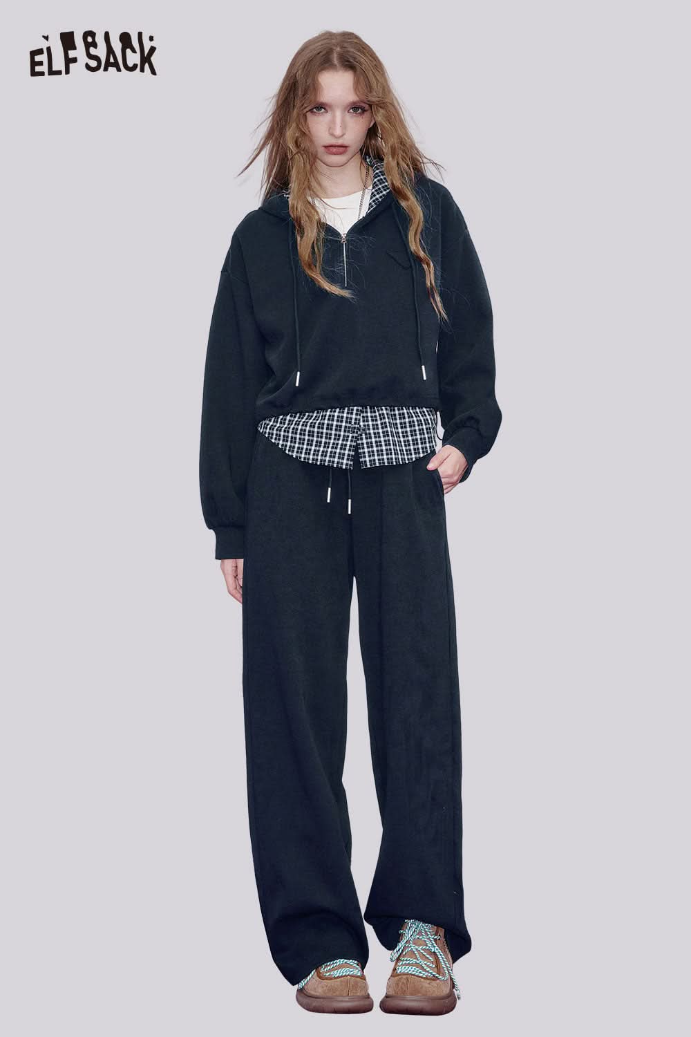 ELFSACK women's plaid panel two-piece set featuring a stylish hoodie and wide-leg pants