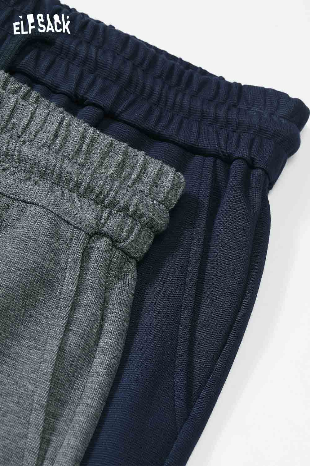 Close-up of ELFSACK women's plaid panel two-piece set featuring adjustable waistband in gray and navy
