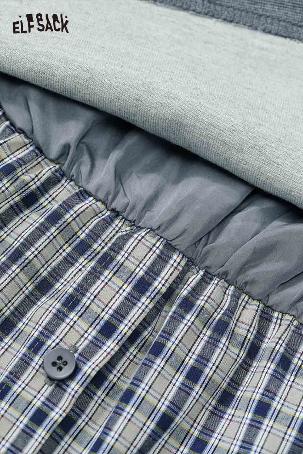 Close-up view of ELFSACK women's plaid panel two-piece set featuring a soft gray top and checked bottom