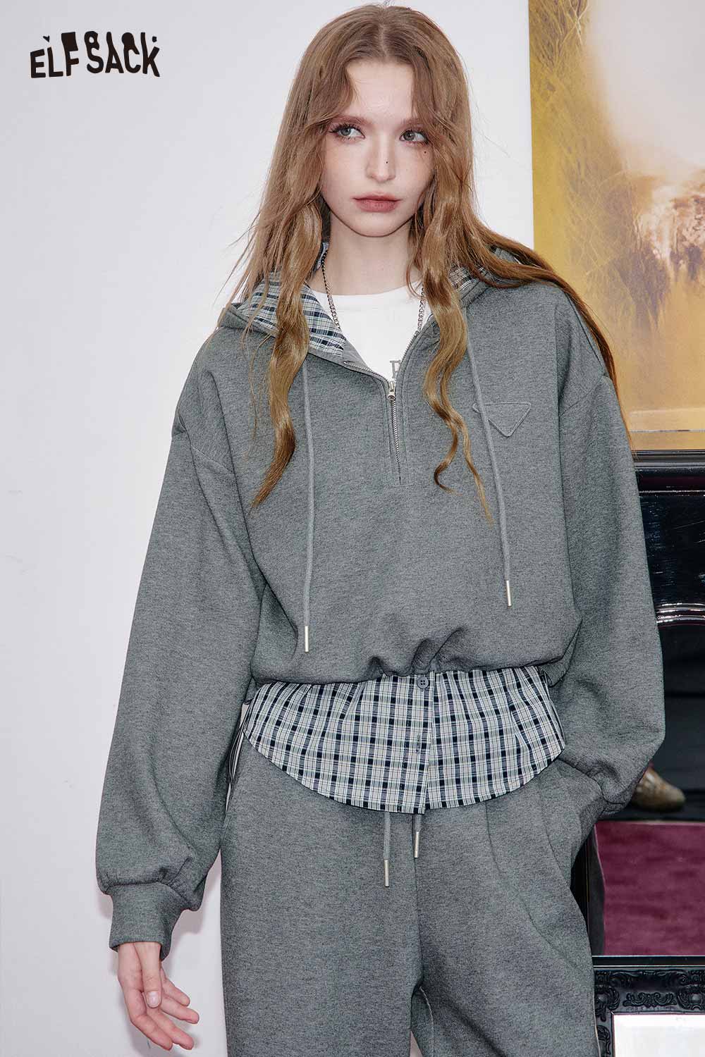 ELFSACK women's plaid panel two-piece set featuring a stylish hoodie and checked layer for a trendy look