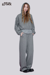ELFSACK women's plaid panel two-piece set featuring a hooded sweatshirt and wide-leg pants