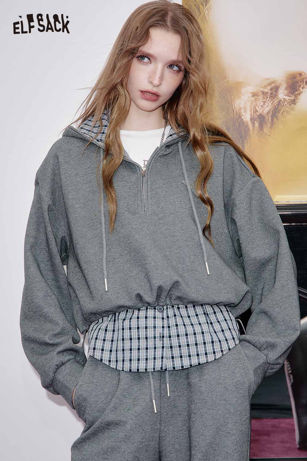 ELFSACK women's plaid panel two-piece set featuring a cozy hoodie and stylish pants