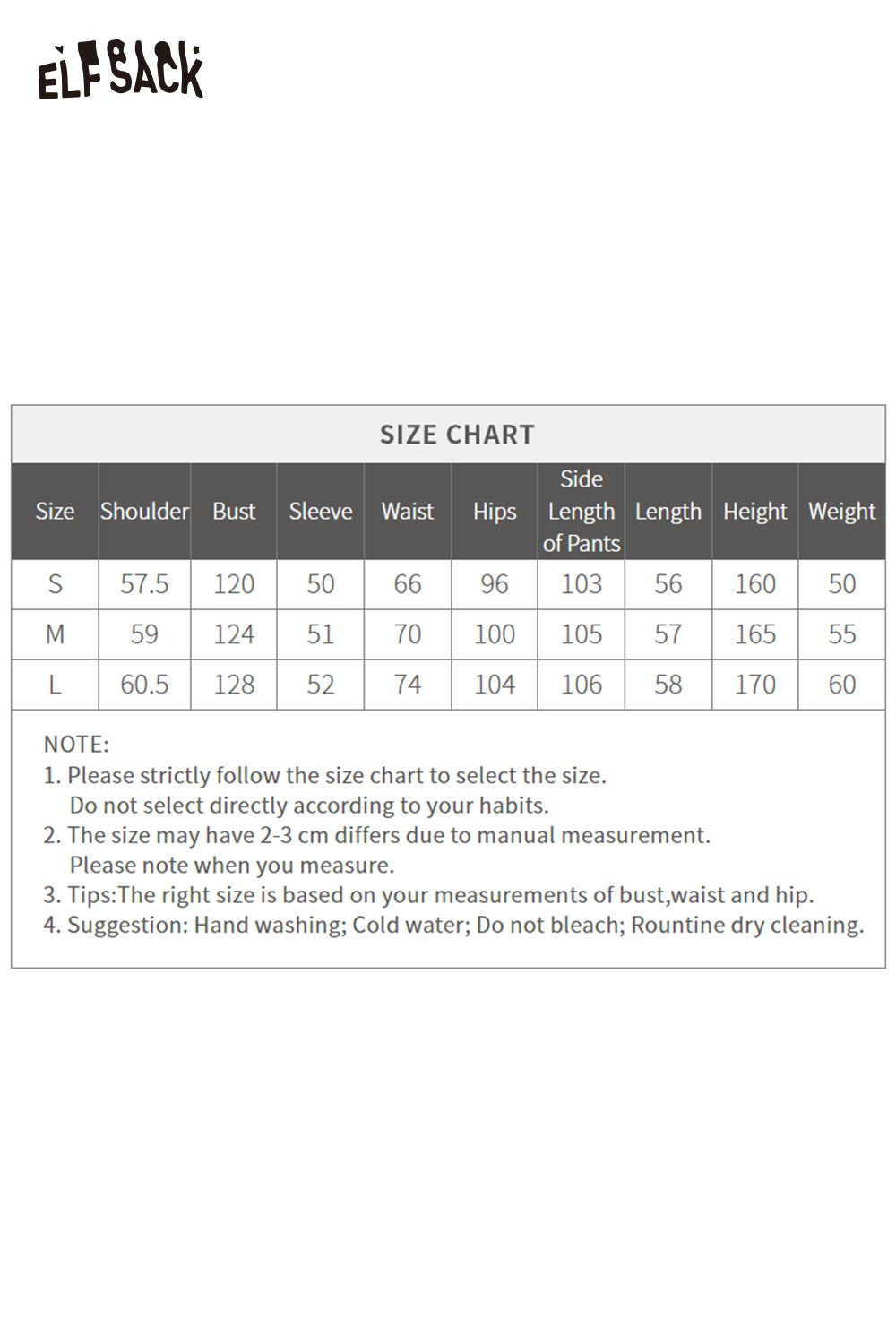 ELFSACK women's plaid panel two-piece set size chart for accurate fitting and measurement guidance