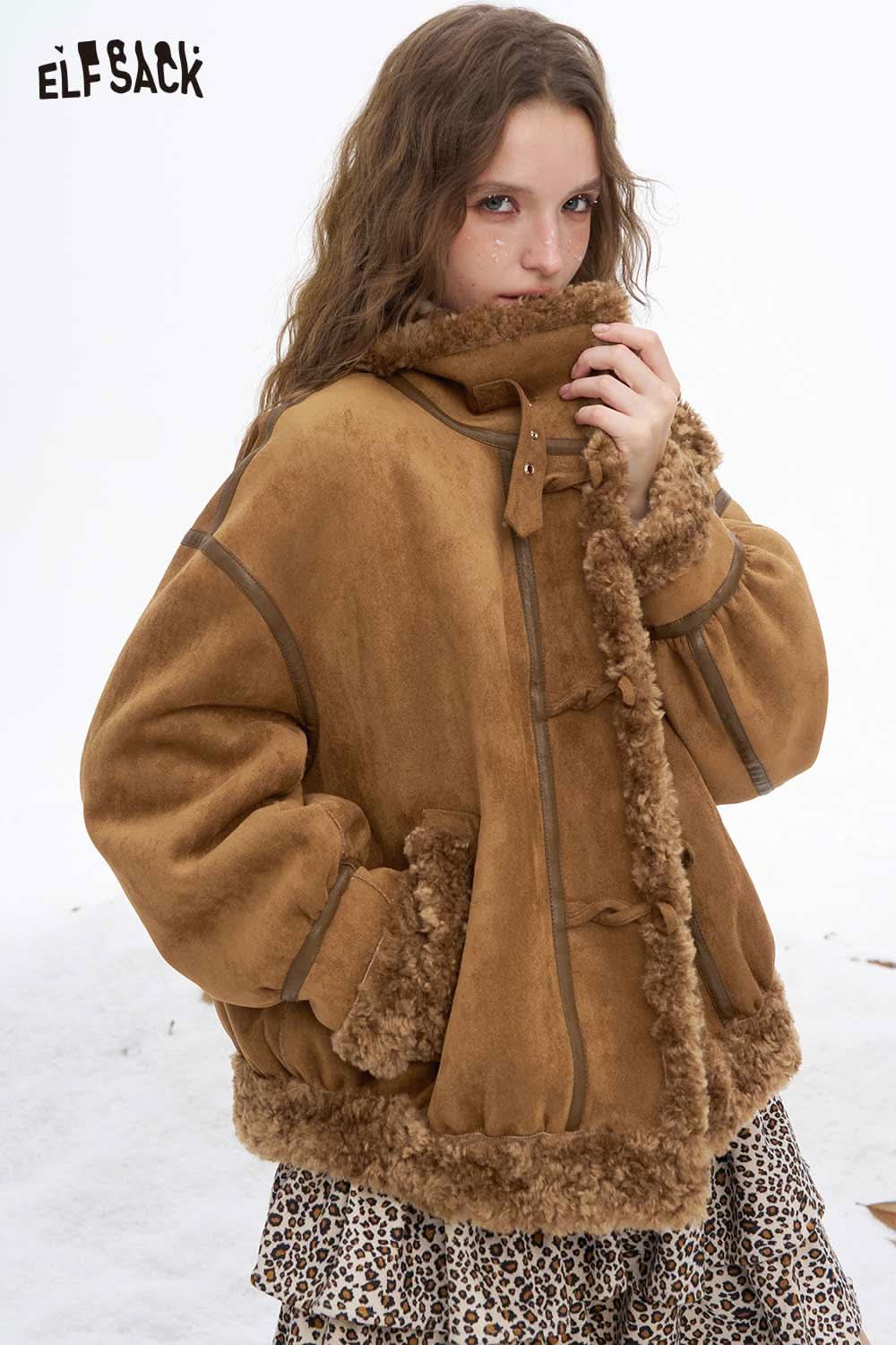 ELFSACK women's plush wool blend coat in tan with fluffy trim and relaxed fit for warmth and style