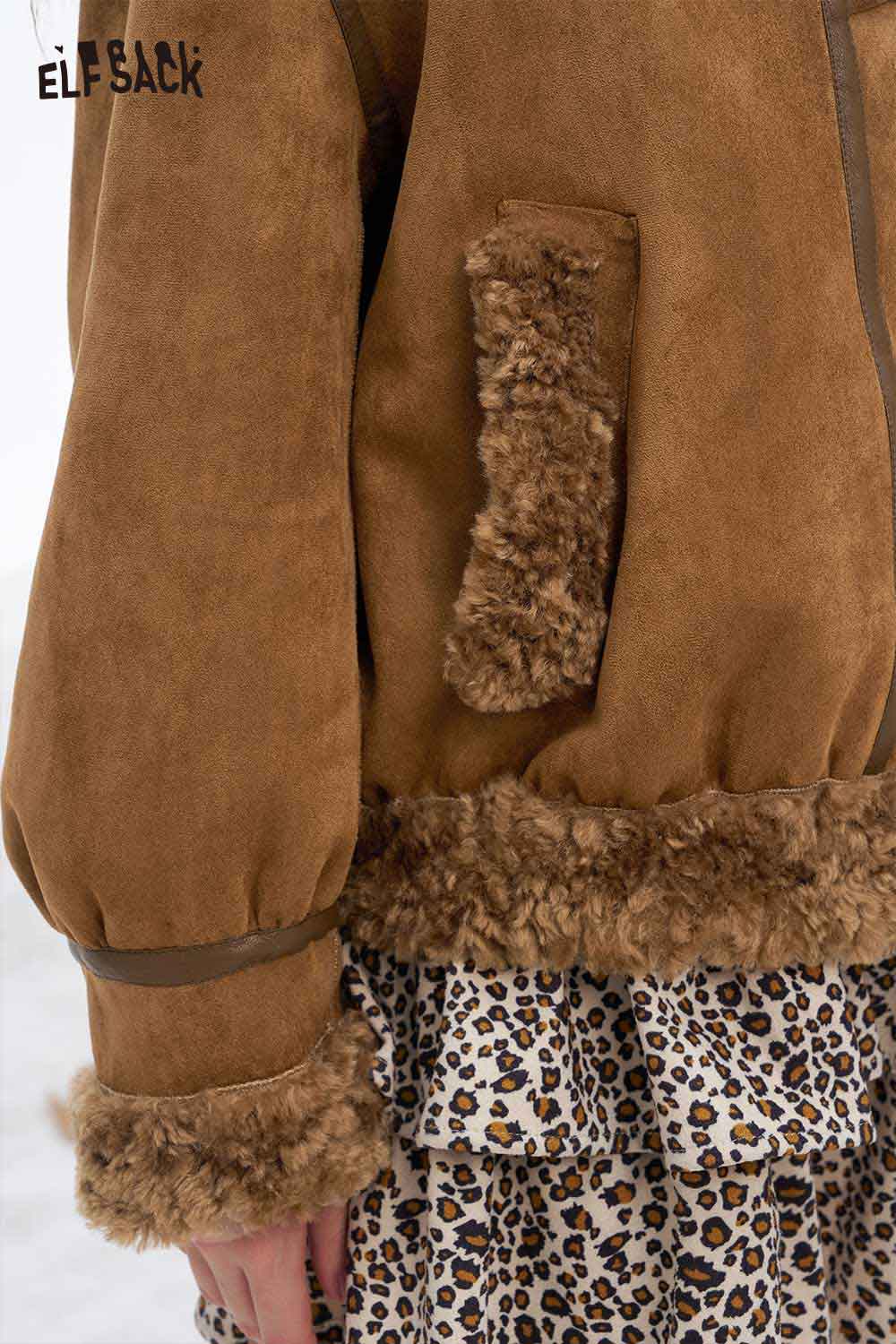 ELFSACK women's plush wool blend coat featuring a stylish fur trim and a cozy design