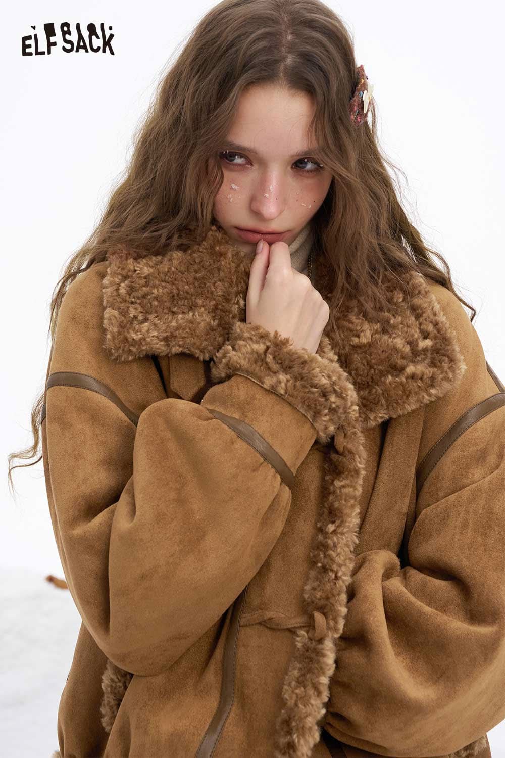 ELFSACK women's plush wool blend coat with a cozy collar for stylish winter warmth