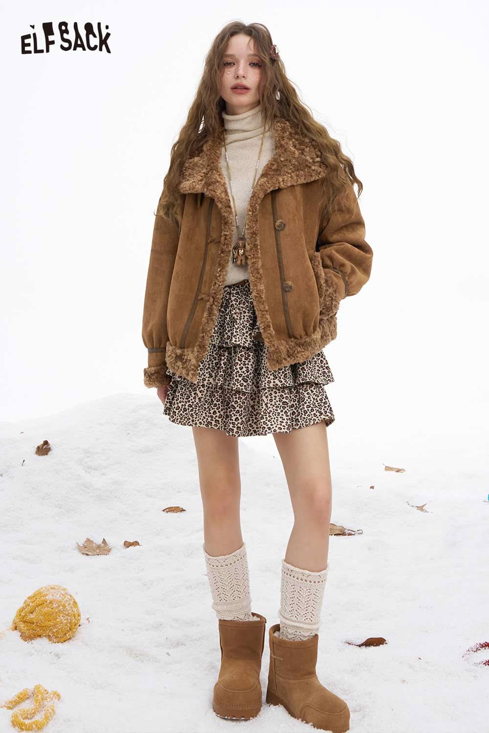 ELFSACK women's plush wool blend coat in brown, styled with a layered skirt and winter boots