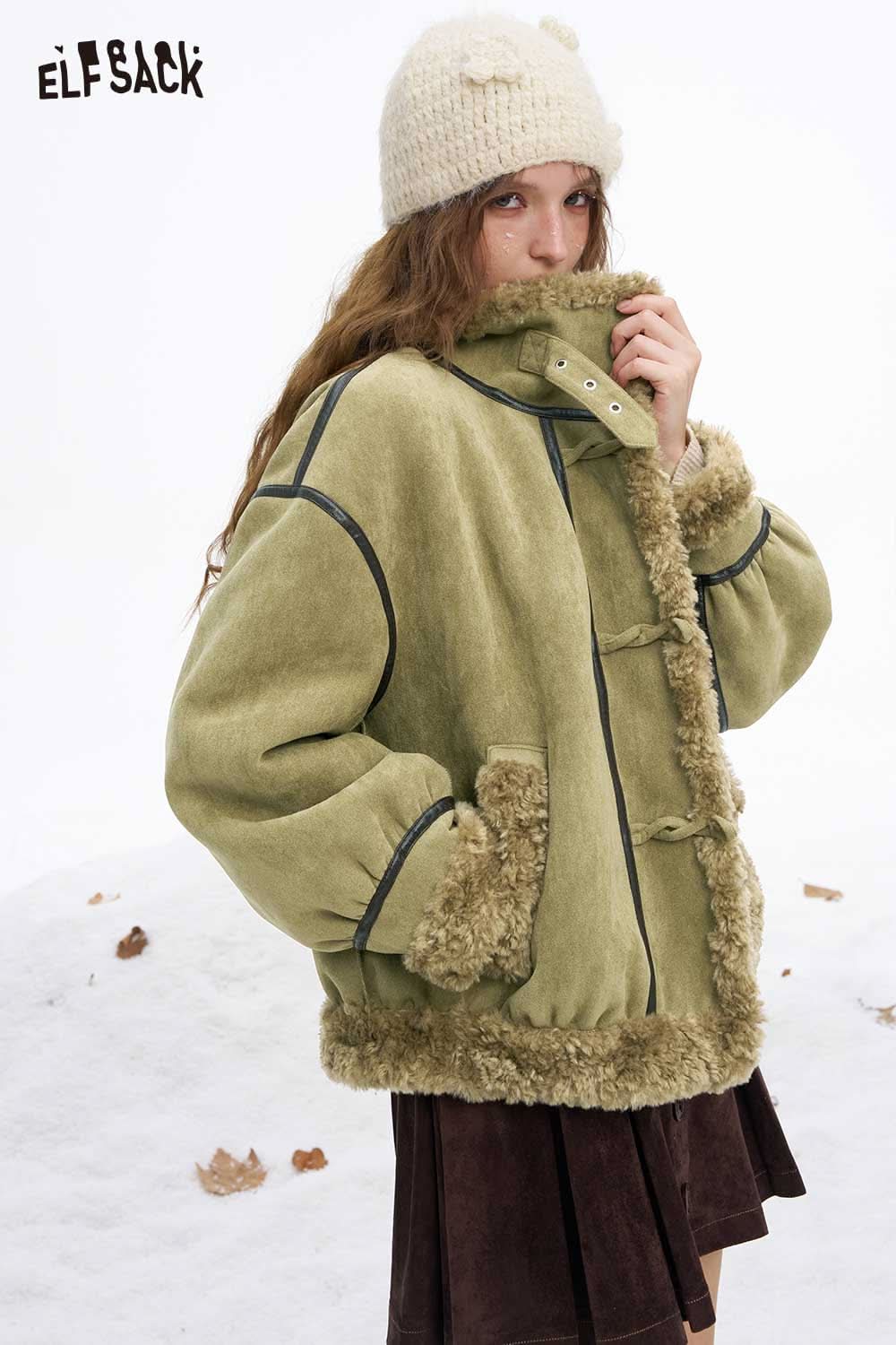 ELFSACK women's plush wool blend coat in green with soft lining and button details for winter style