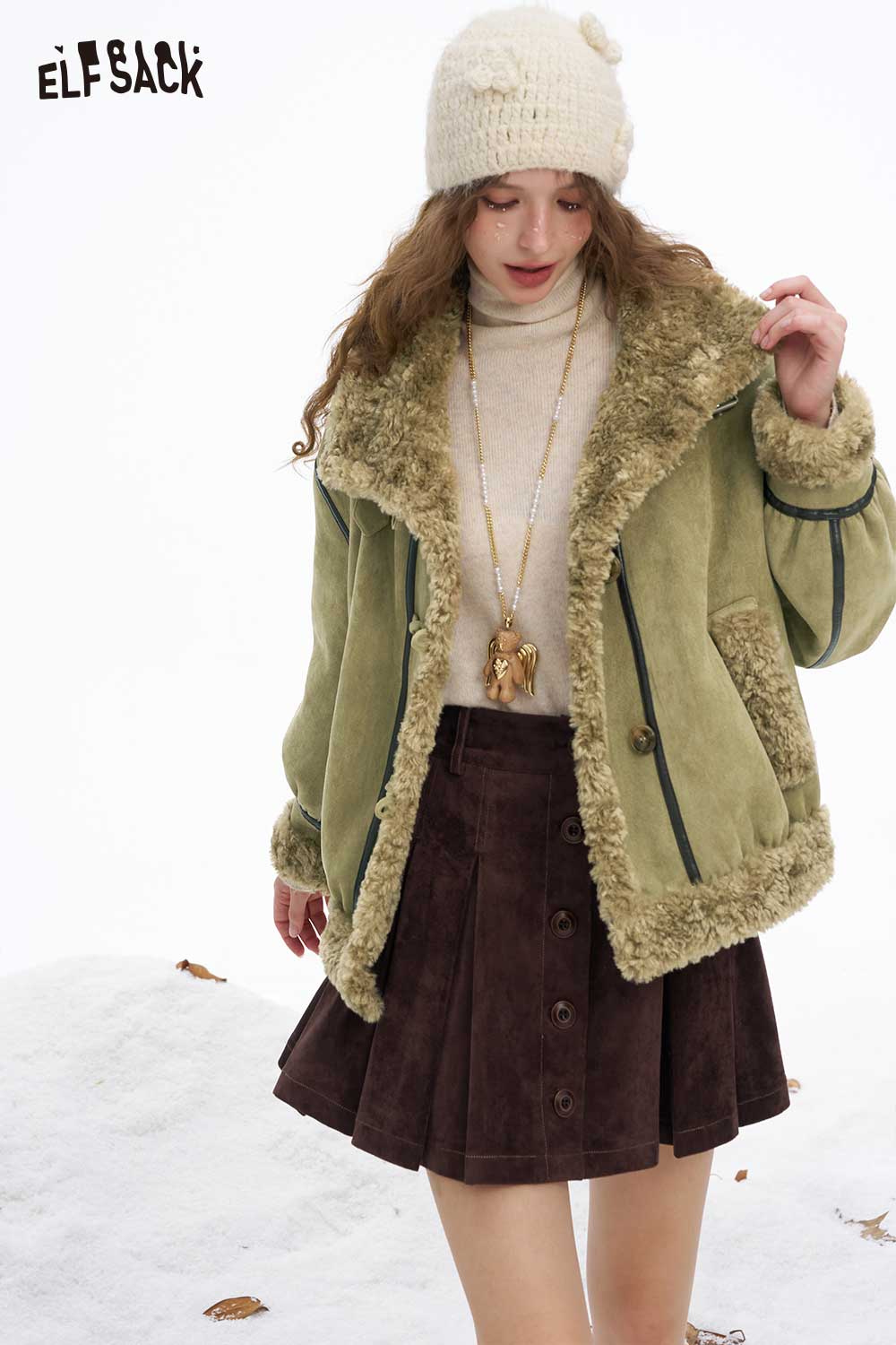 ELFSACK women's plush wool blend coat in green with fluffy collar, paired with a dark skirt and beanie
