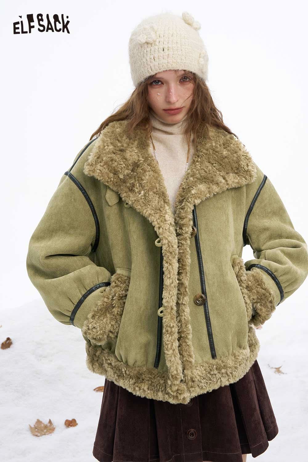 ELFSACK women's plush wool blend coat in olive green with soft fur collar for stylish warmth.