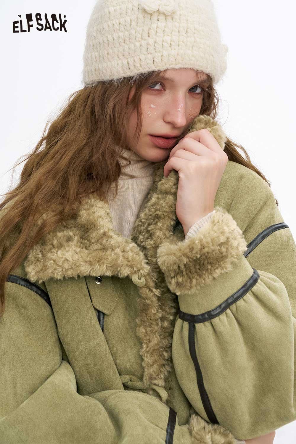 ELFSACK women's plush wool blend coat in green with oversized collar and cozy design