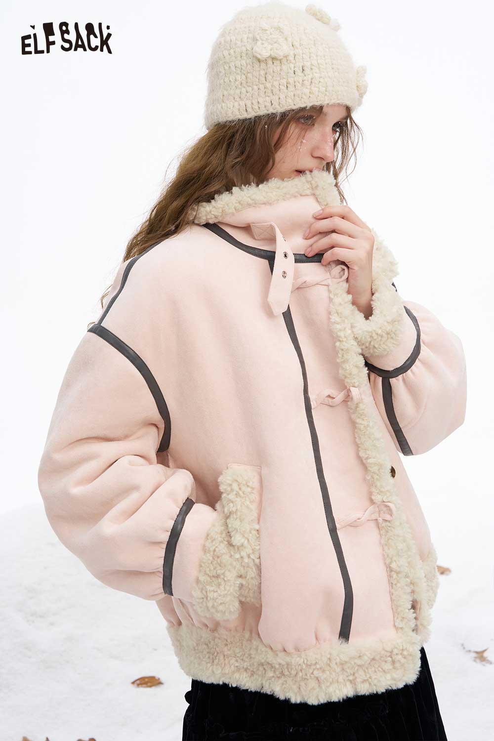 ELFSACK women's plush wool blend coat in soft pink with cozy sherpa details for stylish winter warmth