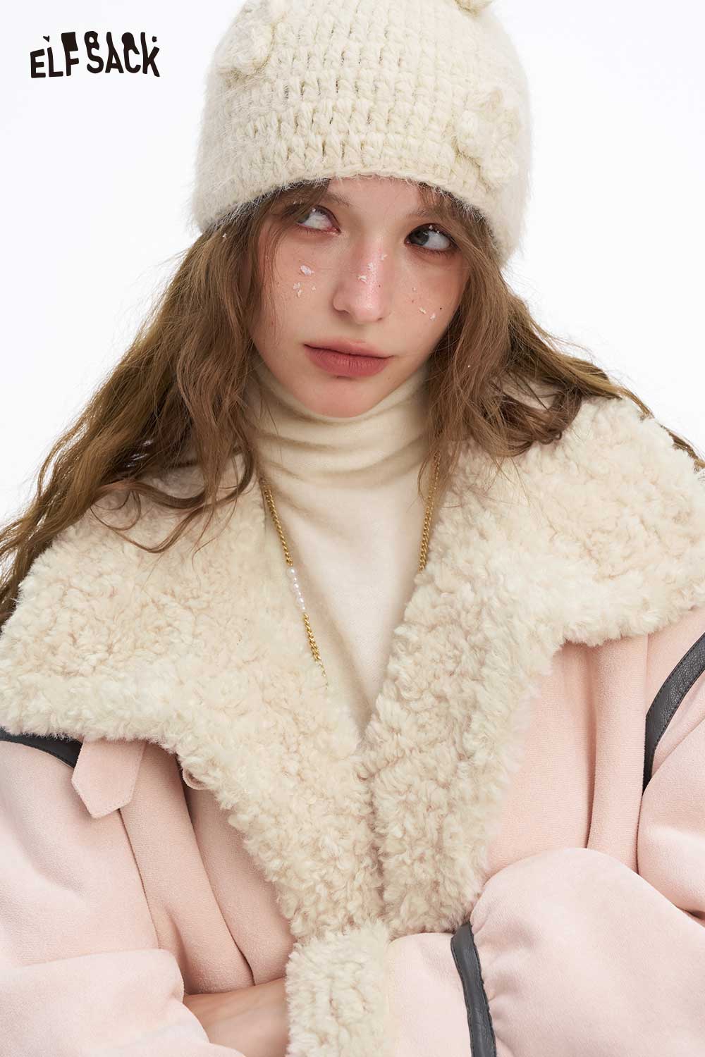 ELFSACK women's plush wool blend coat with soft shearling collar and stylish design for cozy warmth