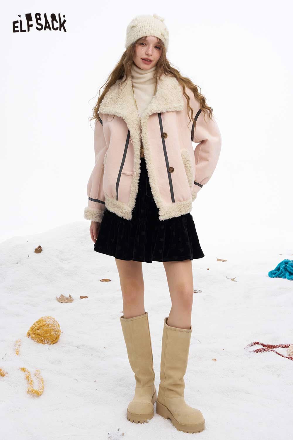ELFSACK women's plush wool blend coat in pink with faux fur details, perfect for winter fashion