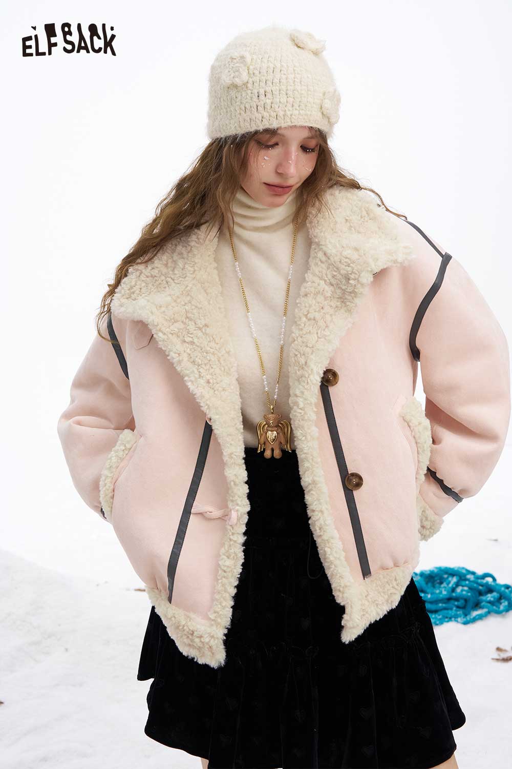 ELFSACK women's plush wool blend coat in soft pink with fur lining and stylish buttons