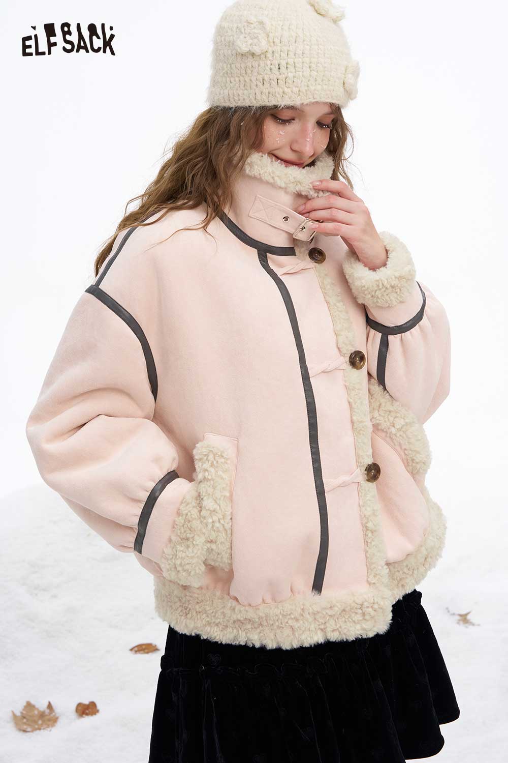ELFSACK women's plush wool blend coat in light pink with cozy fur trim and buttons