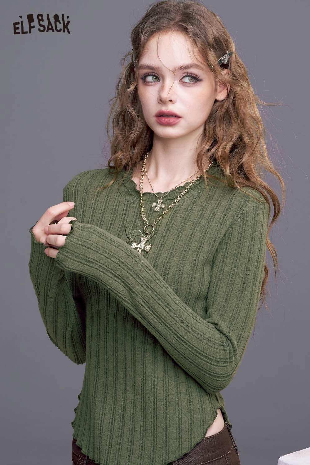 ELFSACK women's stretch knit top in olive green with ribbed design and long sleeves
